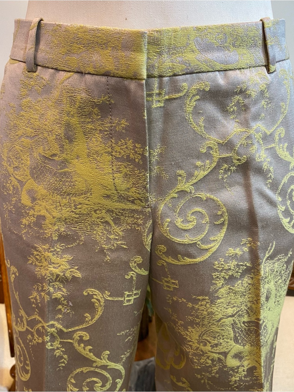 Vintage J. Crew Taupe Capri Pants with Brocade Jacquard Scroll Print, 32" Waist